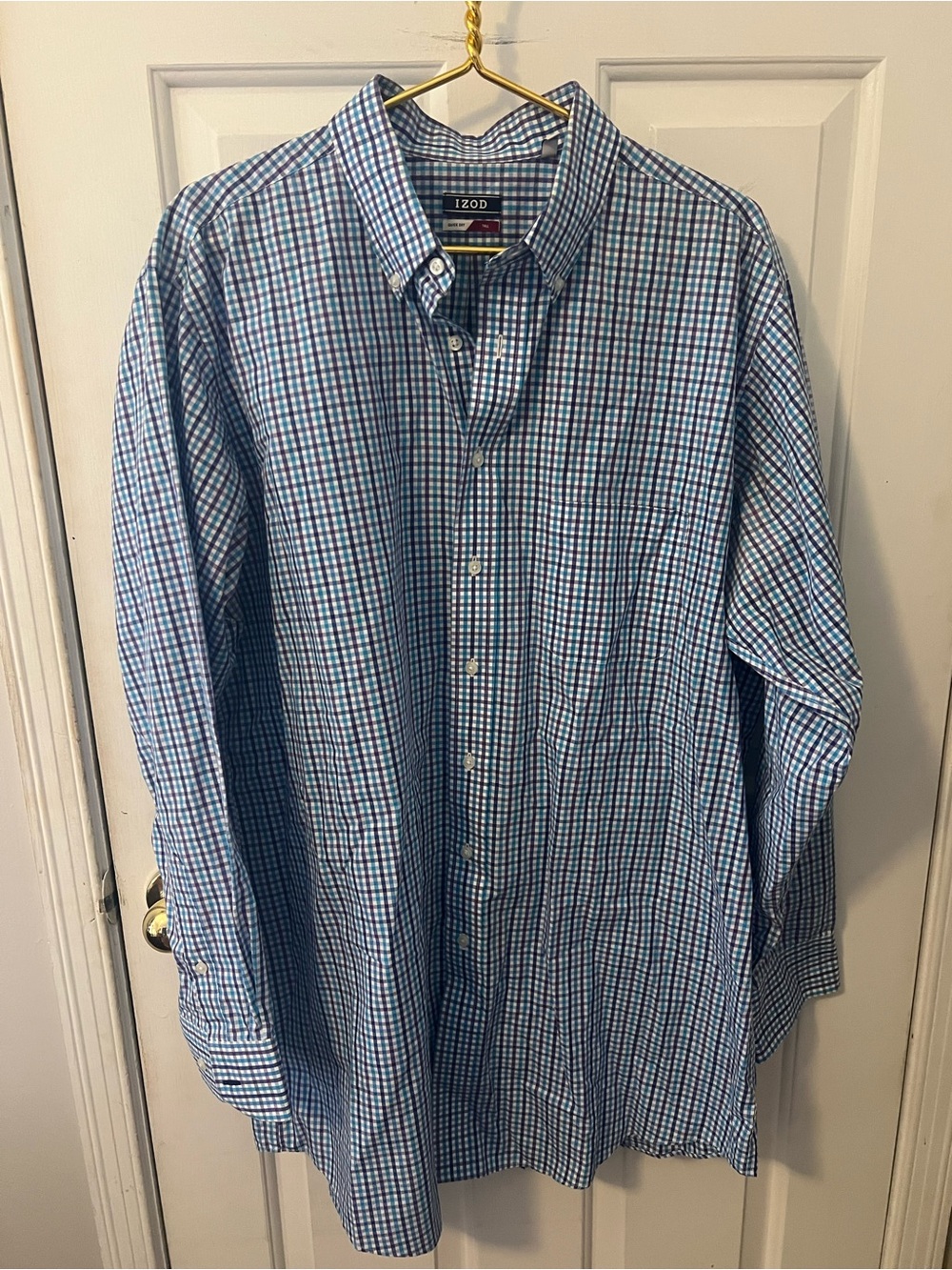 Izod Blue and White Checked Button-Down Shirt